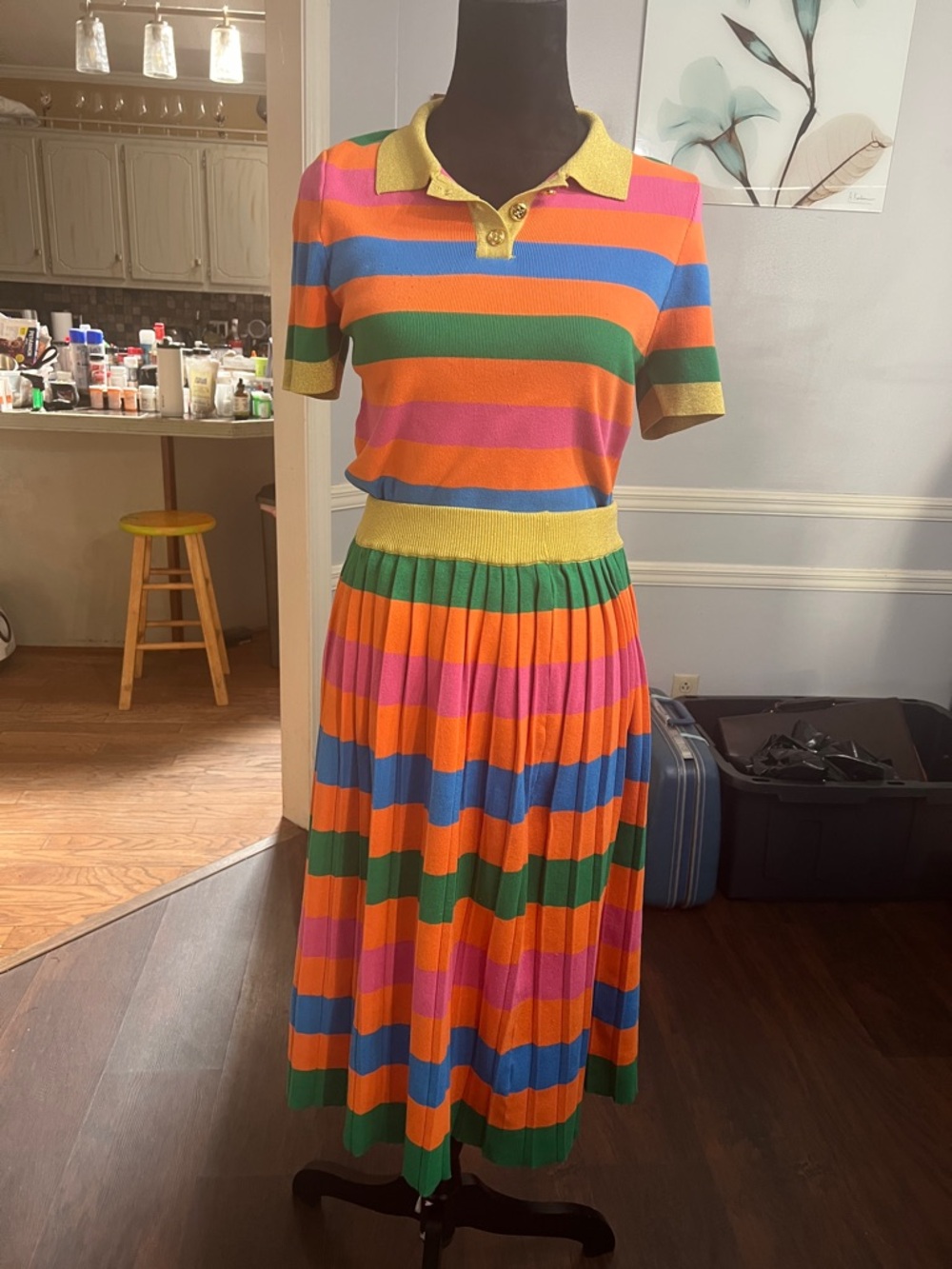 Colorful Striped Knit Polo Dress 2 piece set  - Bright Multi
